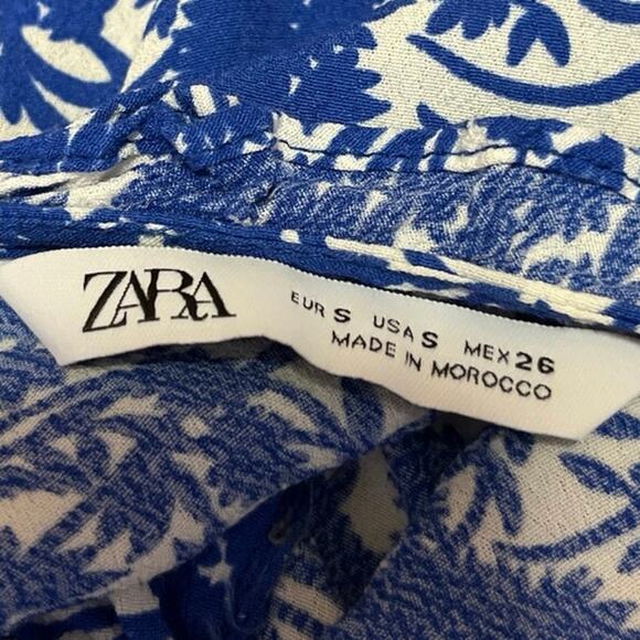 Zara Blue Floral Print Lace Up Tie Sleeveless Ruffle Strap Crop Tank Top Size S - Picture 7 of 9